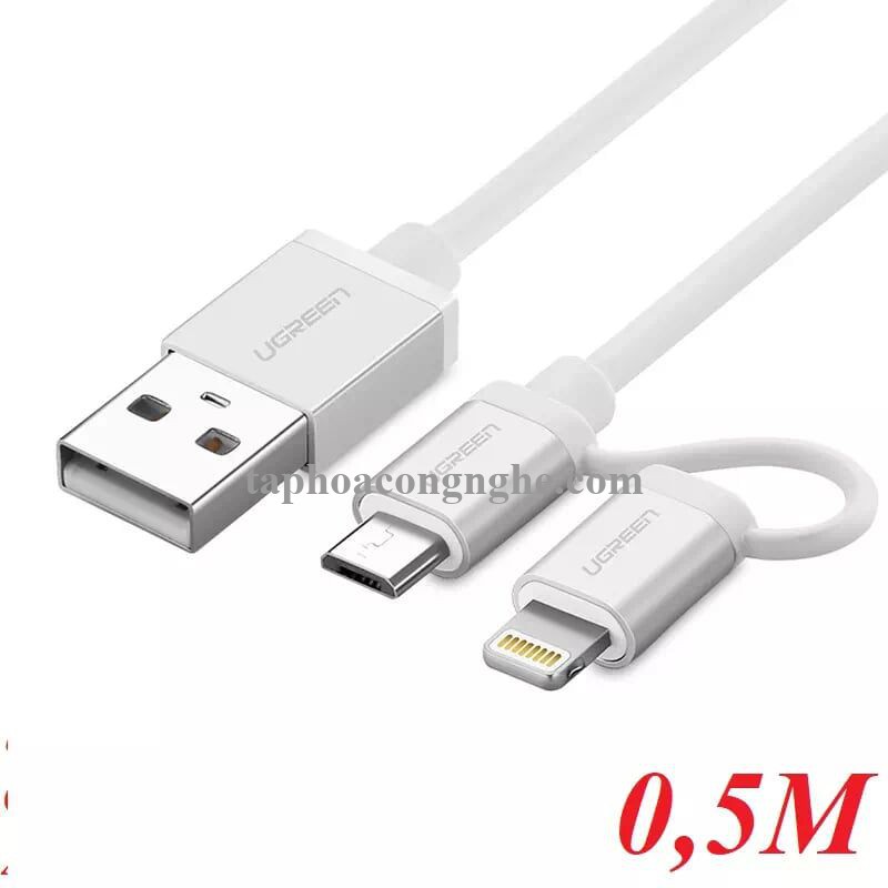Ugreen 30668 0.5M màu Bạc Cáp sạc đa năng USB sang MicroUSB + Lightning US165 30030668